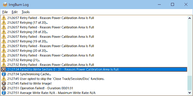 Reason: Power Calibration Area Is Full