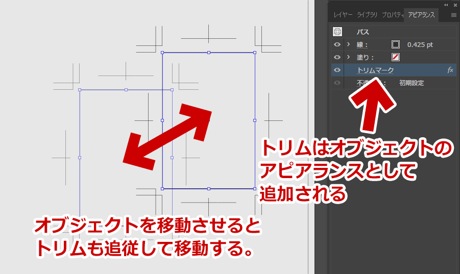  「効果」＞「トリムマーク」はオブジェクトの「効果」としてトリムマークが付けたされる。