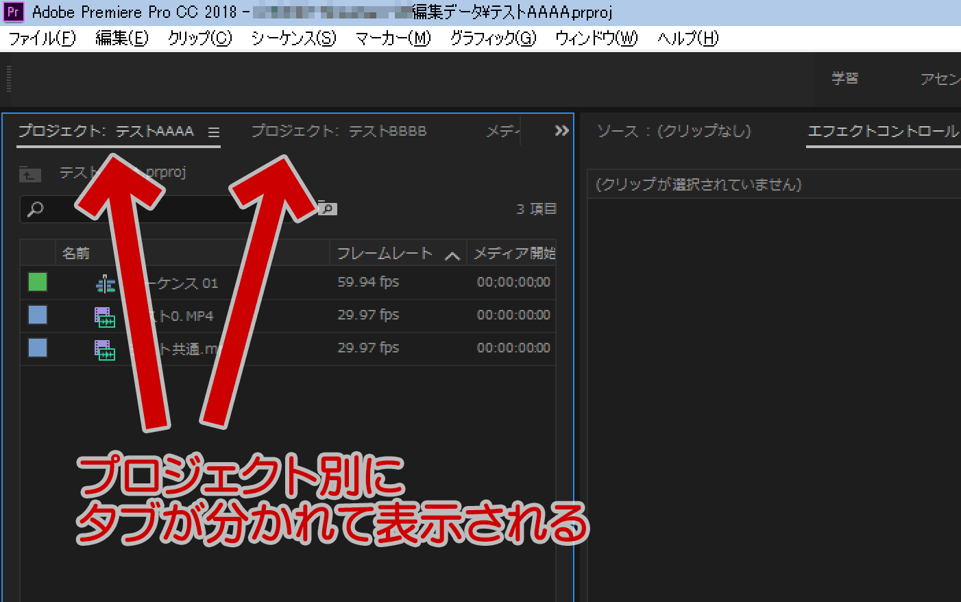 読み込んだプロジェクトごとに別のタブで表示