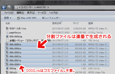 カット編集＆出力された連番のTSファイル