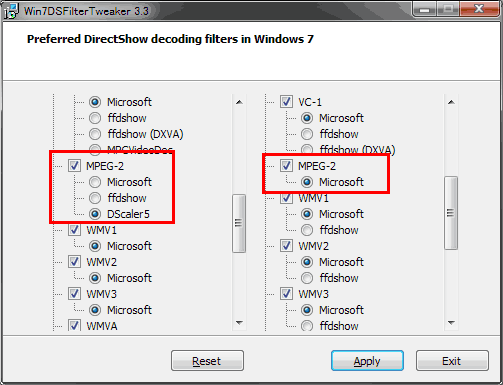 Preferred Filter Tweaker for Windows 7設定