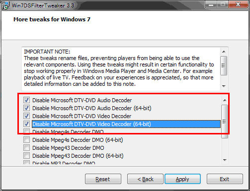 Preferred Filter Tweaker for Windows 7設定その2