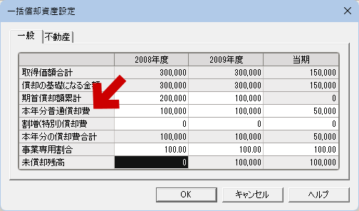 3年目の一括償却資産の計算